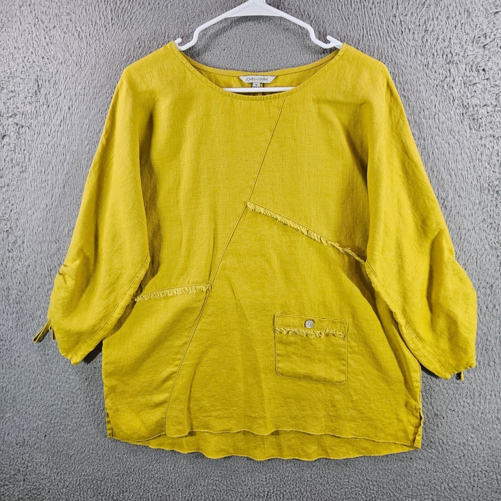John Mark Mustard Yellow 100% Linen Fringe Trim Ruched Sleeve Blouse Small